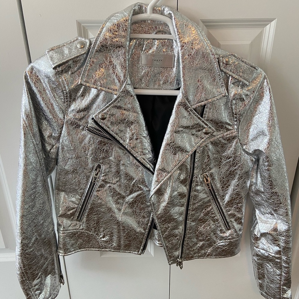Black NYC Crushed Silver Metallic Biker Jacket